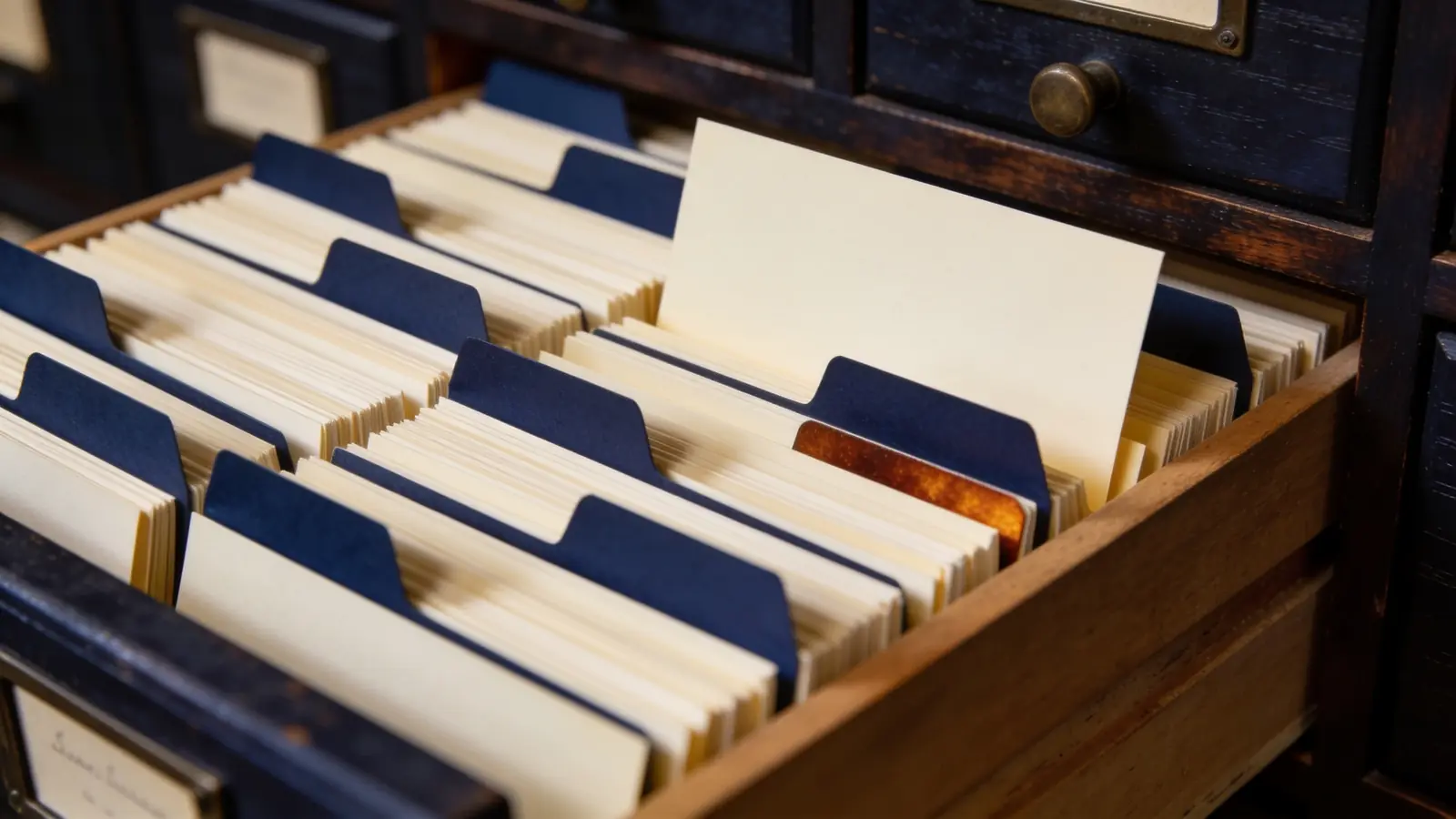 Tiroir de fichier d'archives en bois rempli de fiches, intercalaires bleu marine