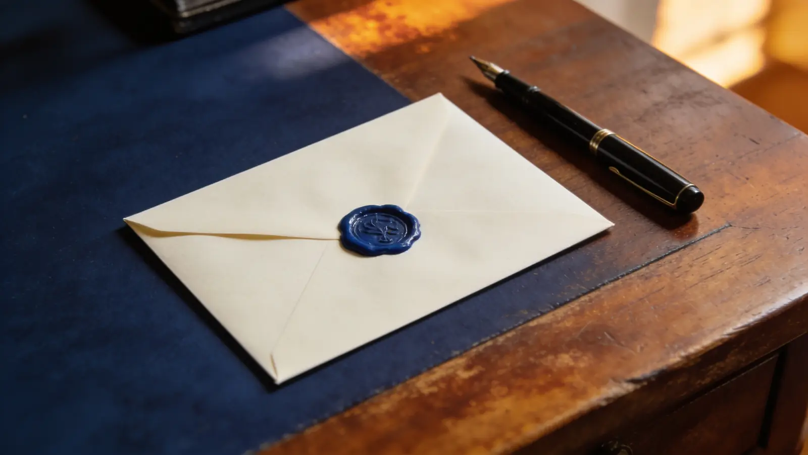 Enveloppe crème scellée à la cire bleu marine et stylo plume sur un bureau en bois