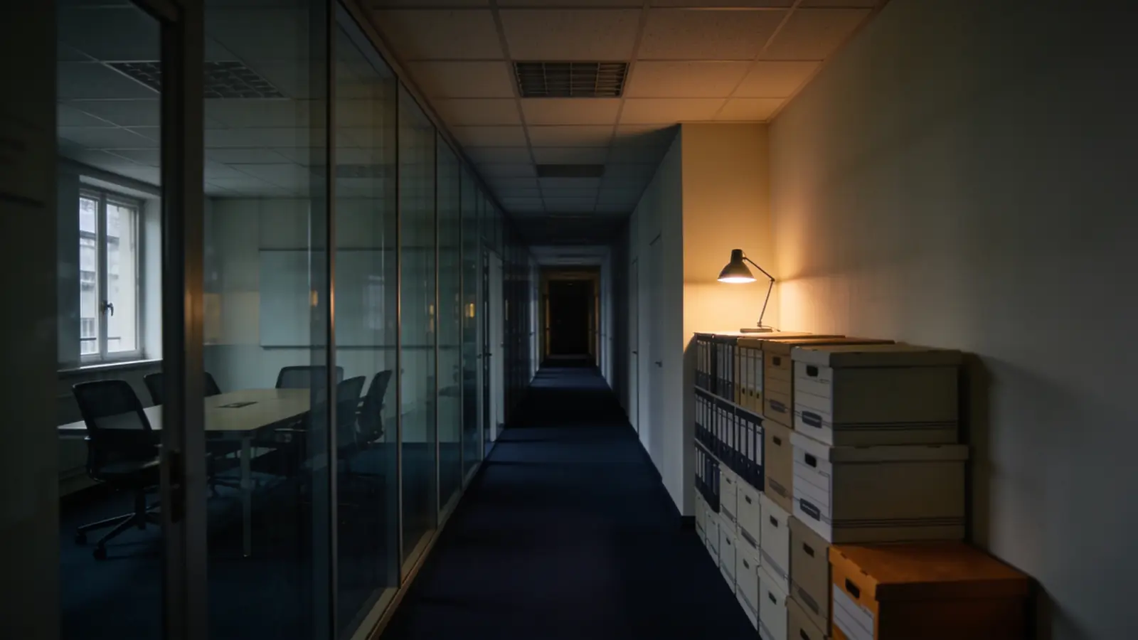 Couloir de bureaux vide après les heures de travail, cartons d'archives et lampe allumée